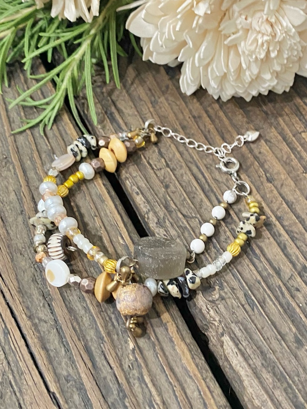 Multi Bead Two-Strand Charm Bracelet on Sterling Silver Puffy Heart Chain